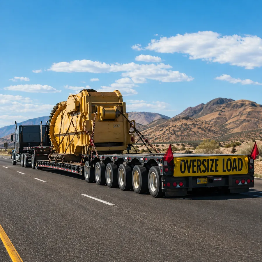 Lowboy trailer hauling heavy equipment on a desert highway with an oversize load banner and red safety flags